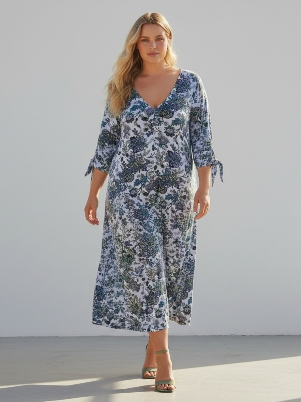 ELLOS Floral Tie Sleeve Midi Dress
